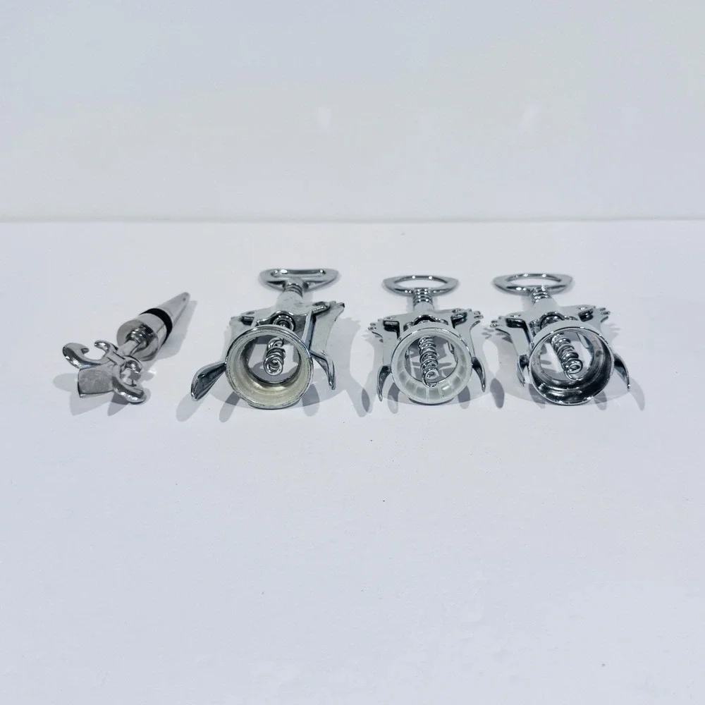 Lot Of‎ 3 Wing Cork Screw Bottle Openers & 1 Fleur De Lis Chrome Bottle Stopper